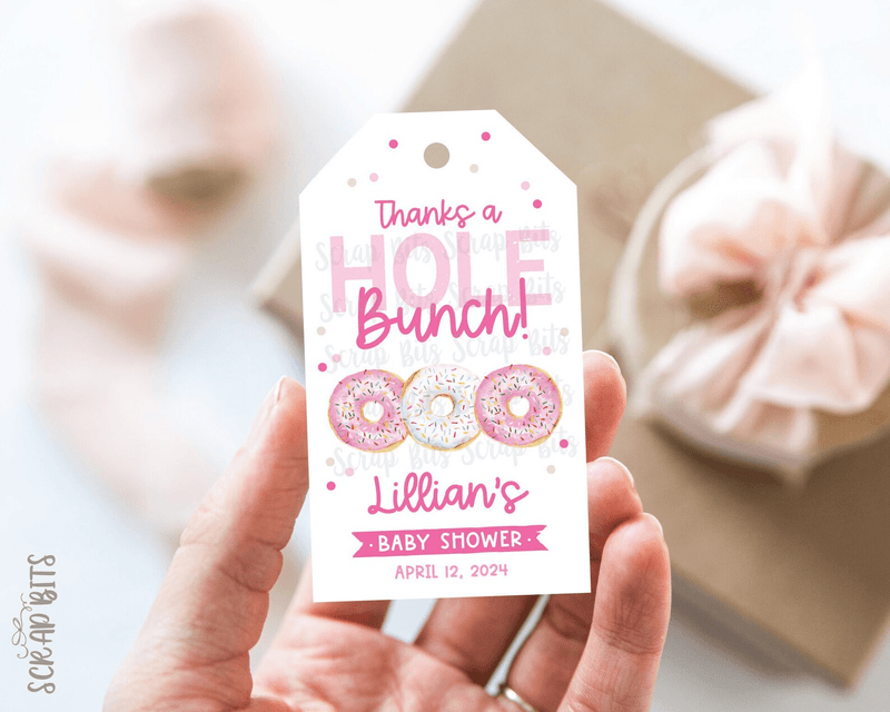 Donut Baby Shower Tags, Thanks A Hole Bunch. Pink Donut Personalized Favor Tags - Scrap Bits