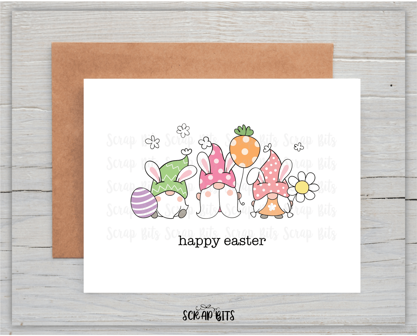 Easter Gnomes Card . Single or Set of 10 - Scrap Bits