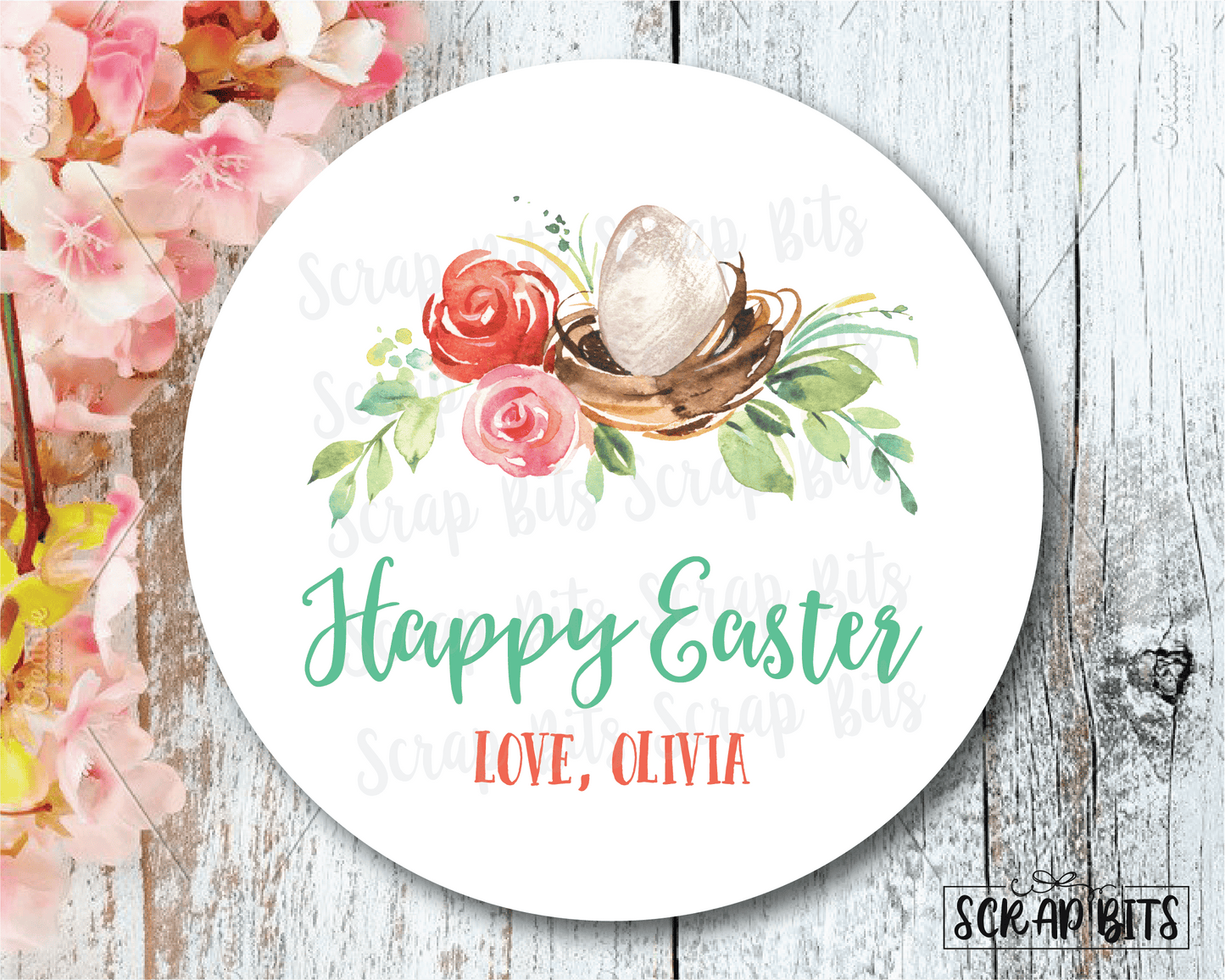 Easter Stickers . Watercolor Easter Floral Nest . Personalized Easter Gift Labels - Scrap Bits