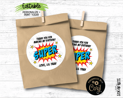EDITABLE Super Hero Party Labels, Thanks For Making My Birthday Super, Printable Sticker Template - Scrap Bits