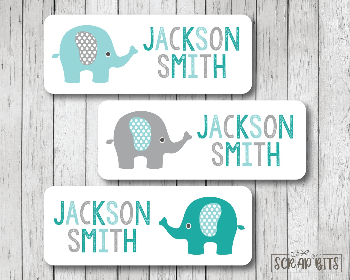 Elephant Name Labels, Aqua & Grey . Personalized Belonging Labels - Scrap Bits