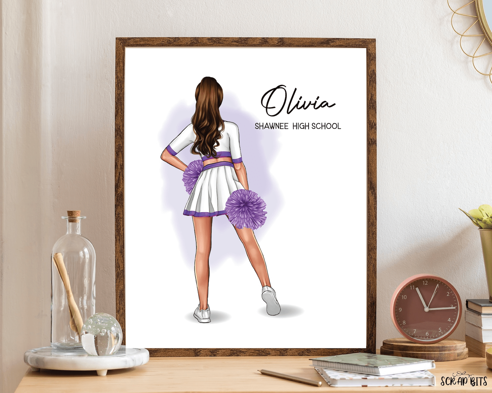 Female Cheerleader Print, Custom Cheerleading Gift, Hip Poms . Personalized Digital Portrait Print - Scrap Bits