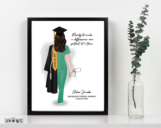 Female Nurse Graduation Print, Personalized Graduation Gift . Digital Portrait Print - Scrap Bits