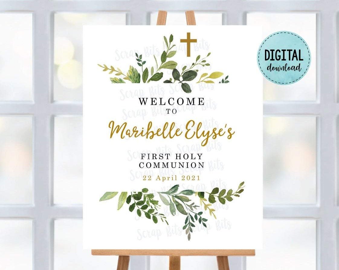 First Communion Welcome Sign, Watercolor Greenery . Digital Download - Scrap Bits