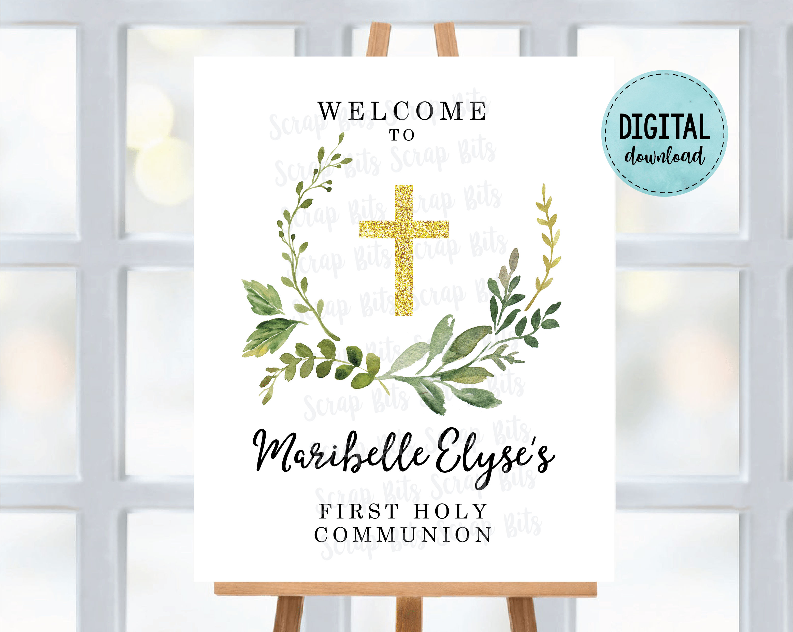 First Communion Welcome Sign First Communion Welcome Sign, Watercolor Greenery Wreath with Cross ...