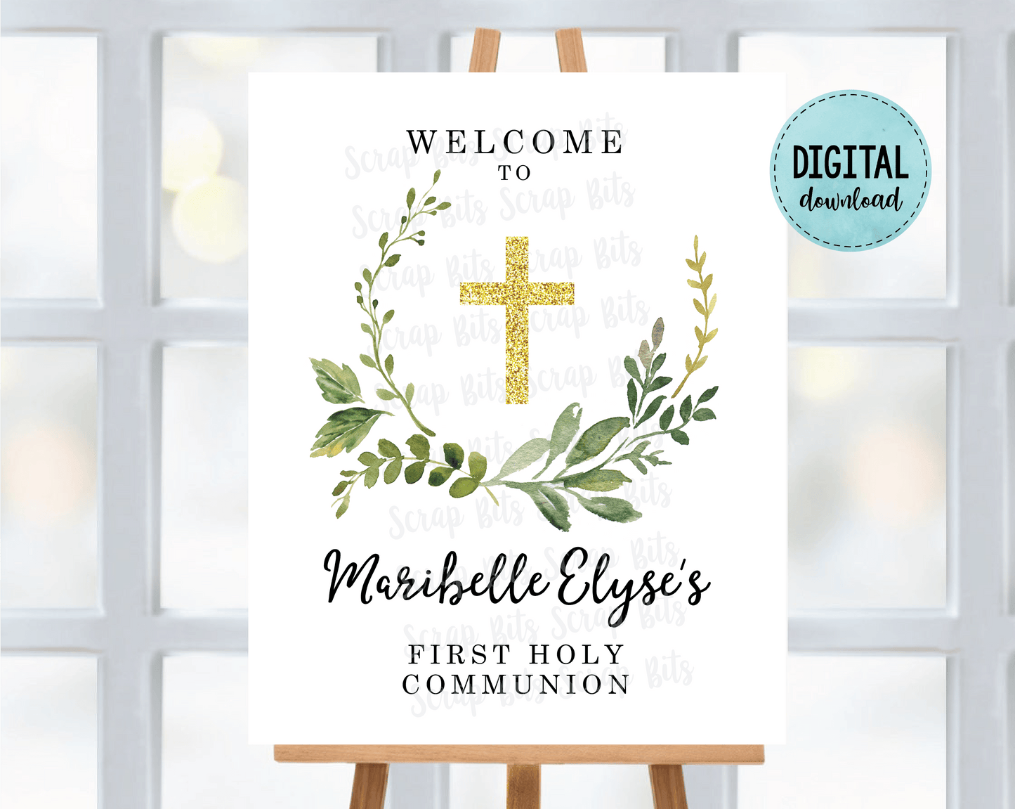First Communion Welcome Sign, Watercolor Greenery Wreath with Cross . Digital Download - Scrap Bits