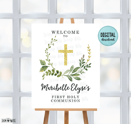 First Communion Welcome Sign, Watercolor Greenery Wreath with Cross . Digital Download - Scrap Bits