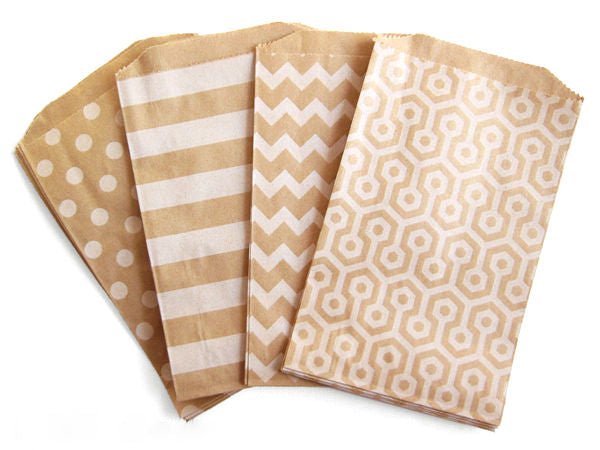 Flat Treat Bags, Kraft Paper Gift Bags . White Polka Dots, Stripes, Chevron or Honeycomb . 5x7.5 inches - Scrap Bits