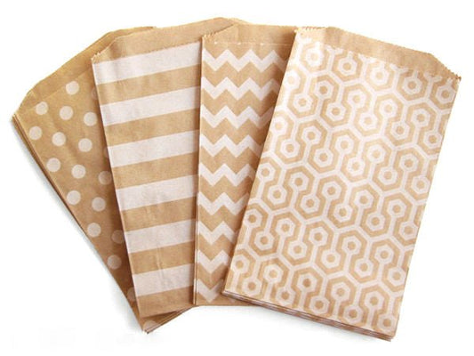 Flat Treat Bags, Kraft Paper Gift Bags . White Polka Dots, Stripes, Chevron or Honeycomb . 5x7.5 inches - Scrap Bits