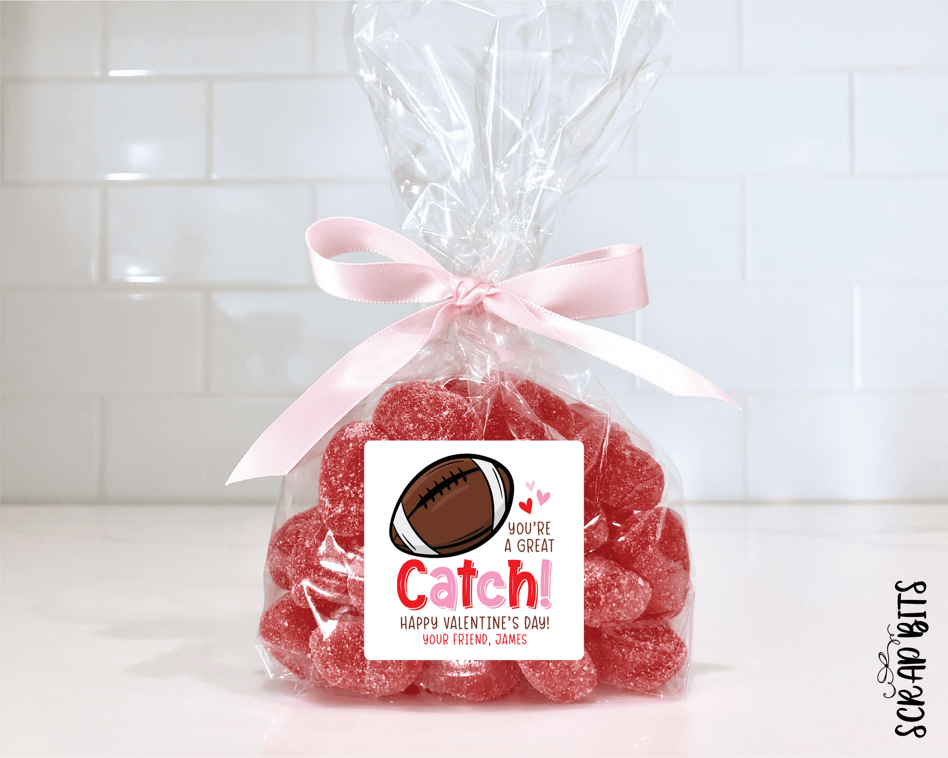 Football Valentines, You're A Great Catch Valentine Treat Bag Stickers - Scrap Bits