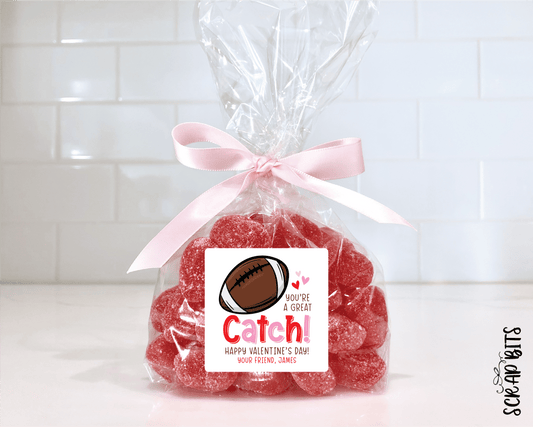 Football Valentines, You're A Great Catch Valentine Treat Bag Stickers - Scrap Bits