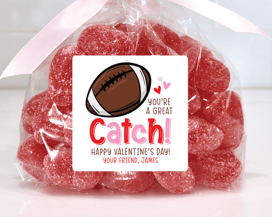 Football Valentines, You're A Great Catch Valentine Treat Bag Stickers - Scrap Bits