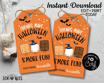 Friends Make Halloween S'more Fun Tags, Printable Halloween Tags, Editable Smores Tags . Instant Download Editable Template - Scrap Bits