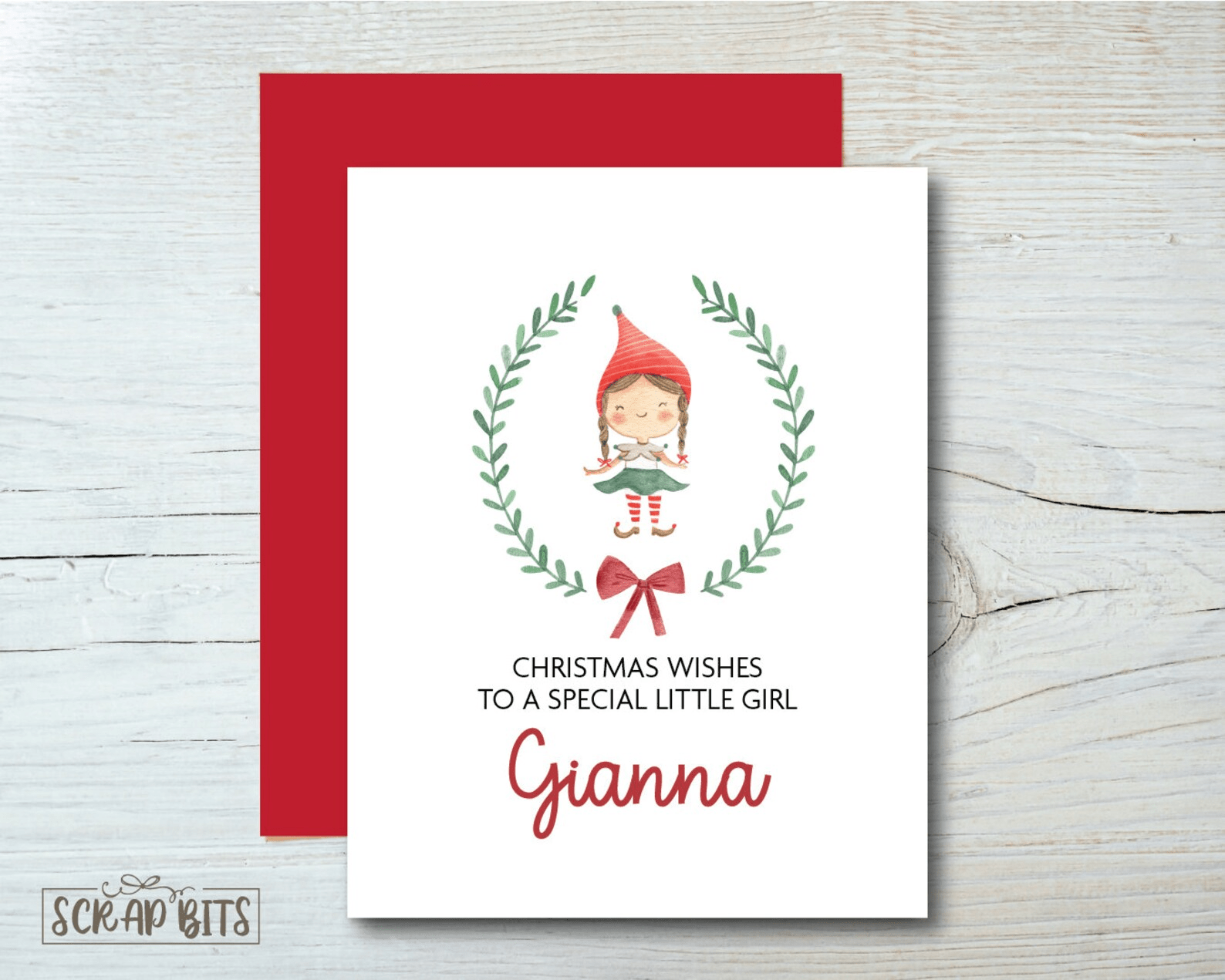 Girl Elf Christmas Card, Watercolor Elf in Wreath - Scrap Bits