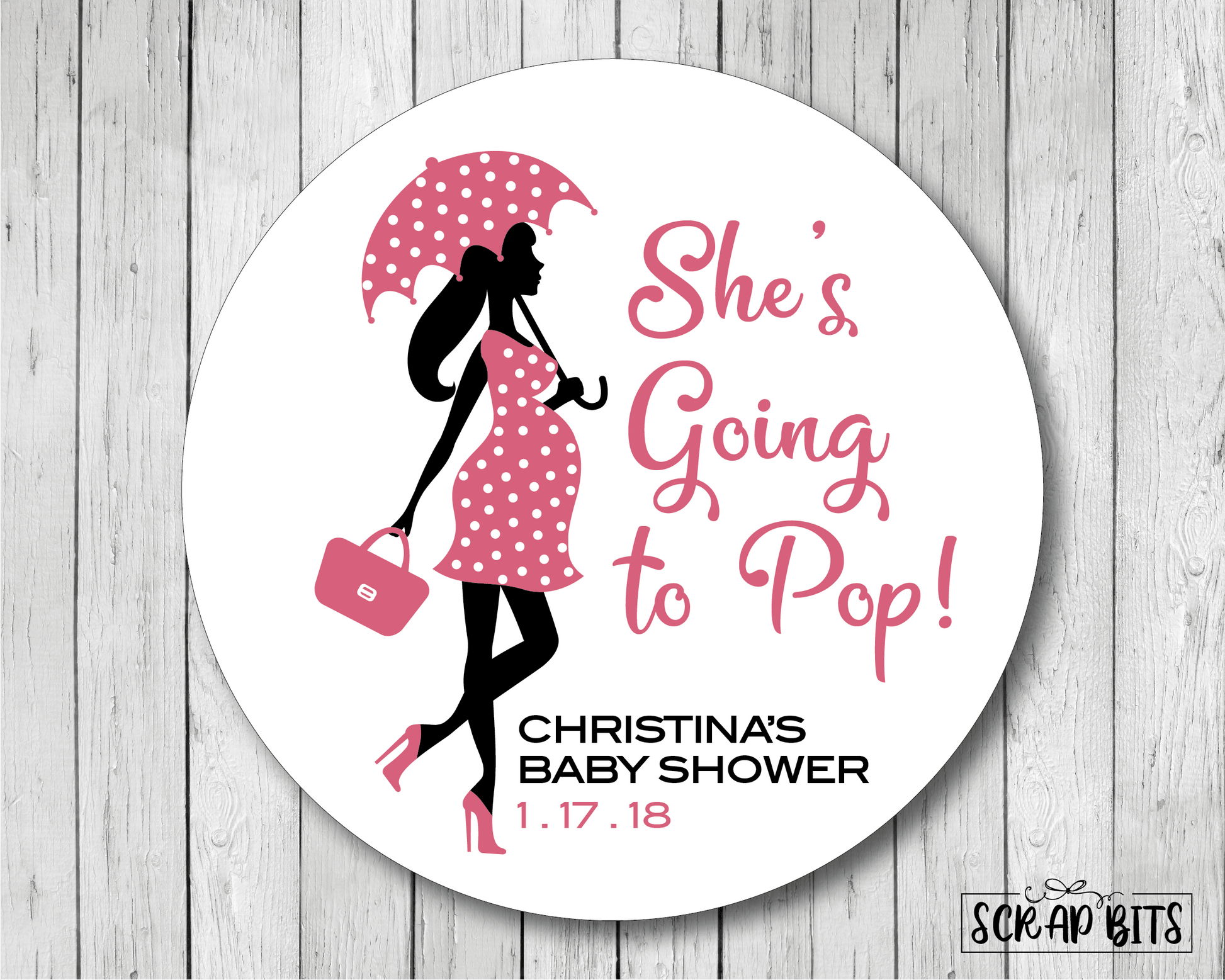 Going To Pop Pregnant Lady with Umbrella . Baby Shower Stickers or Tags - Scrap Bits