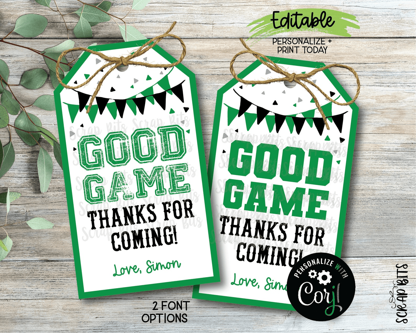 Good Game Sports Birthday Tags, Printable Sports Birthday Gift Tags, Green & Black . Instant Download Editable Template - Scrap Bits
