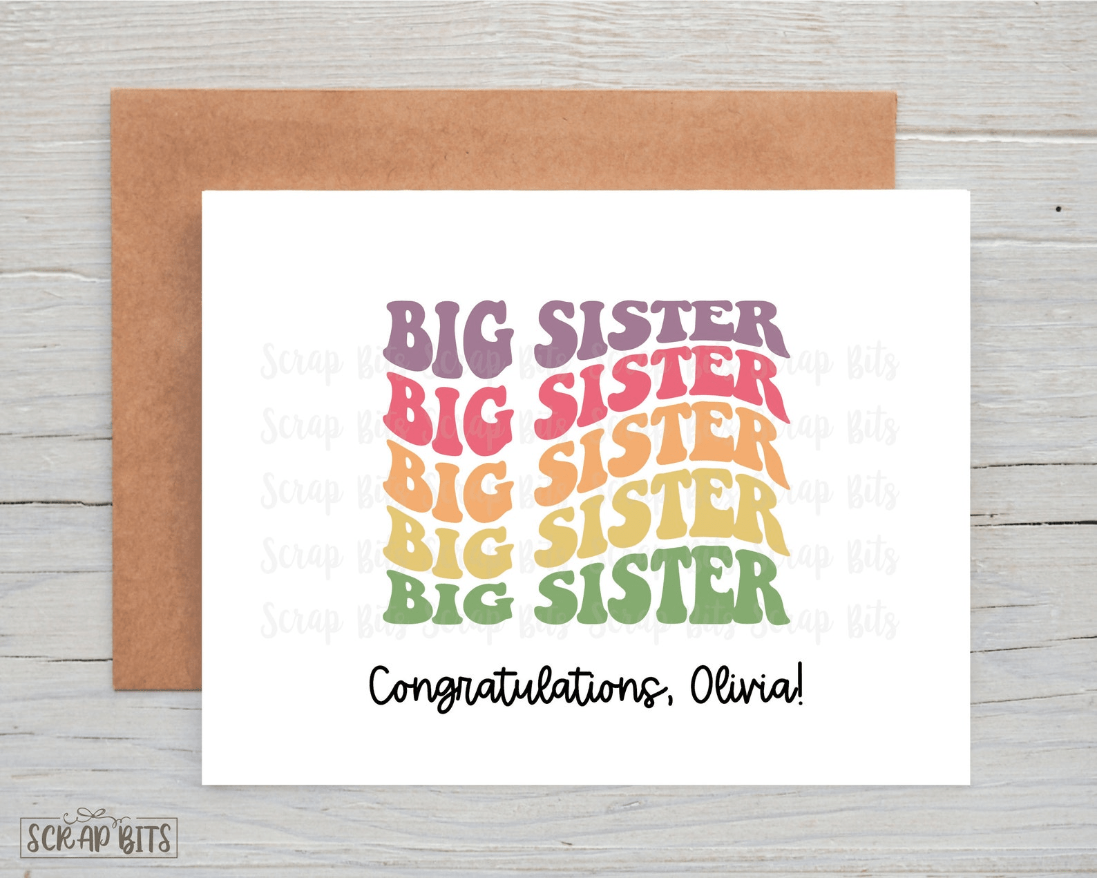 Groovy Wave Repeating Big Sister Card, New Sibling Card - Scrap Bits