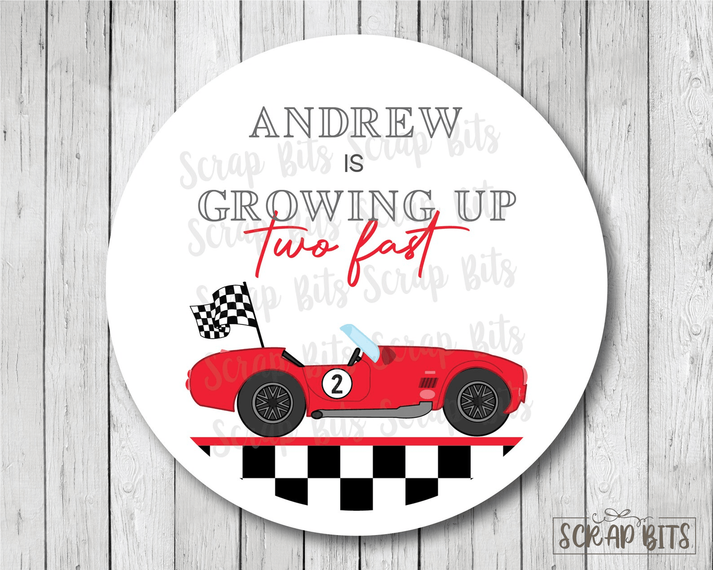 Growing Up Two Fast, Red Race Car Minimal Racing Birthday Favor Stickers or Tags - Scrap Bits