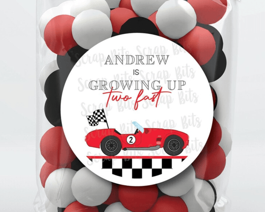 Growing Up Two Fast, Red Race Car Minimal Racing Birthday Favor Stickers or Tags - Scrap Bits
