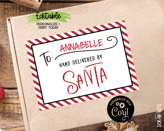 Hand Delivered By Santa Shipping Label, Printable From Santa Label, Doodle Stripes . Instant Download Editable Template - Scrap Bits