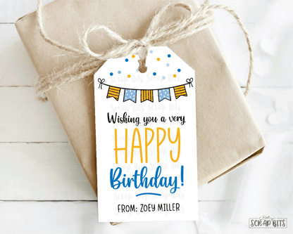 Happy Birthday Tags, Blue Doodle Bunting, Personalized Birthday Gift Tags - Scrap Bits