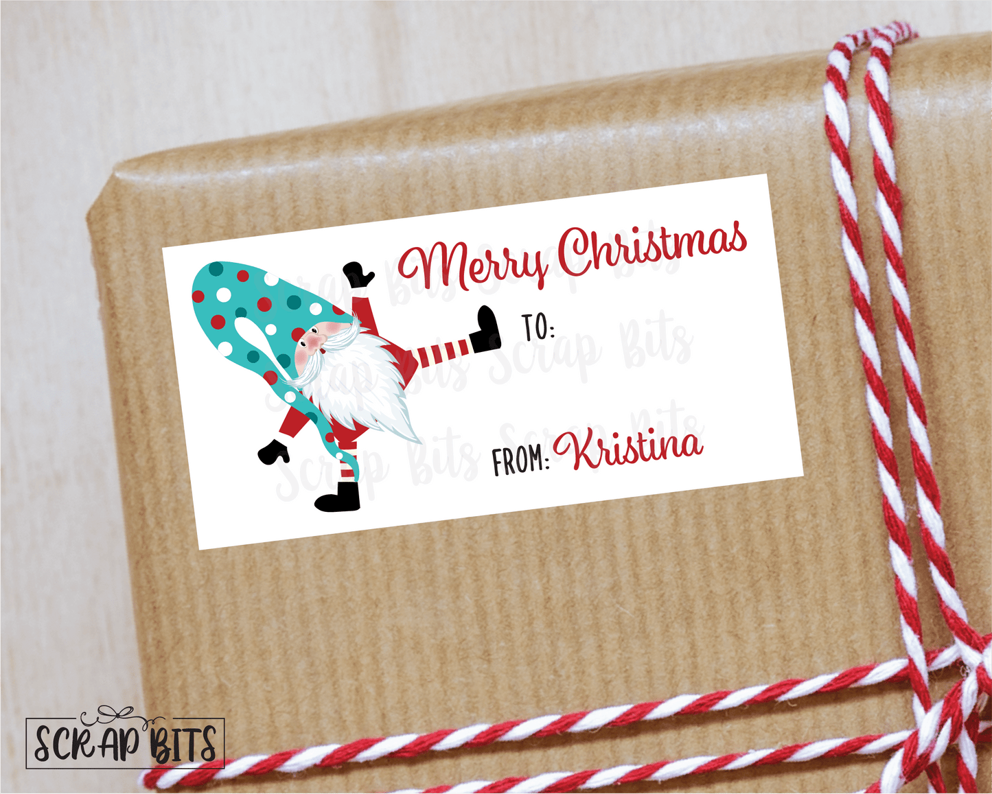Happy Christmas Gnome Stickers . Rectangular Christmas Gift Labels - Scrap Bits