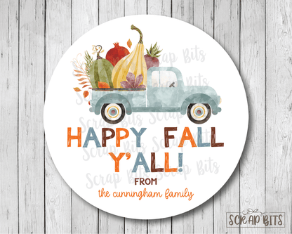 Happy Fall Y'All Blue Farm Truck Stickers or Tags - Scrap Bits