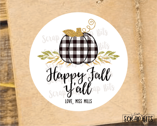 Happy Fall Y'All Buffalo Plaid Pumpkin Stickers or Tags - Scrap Bits