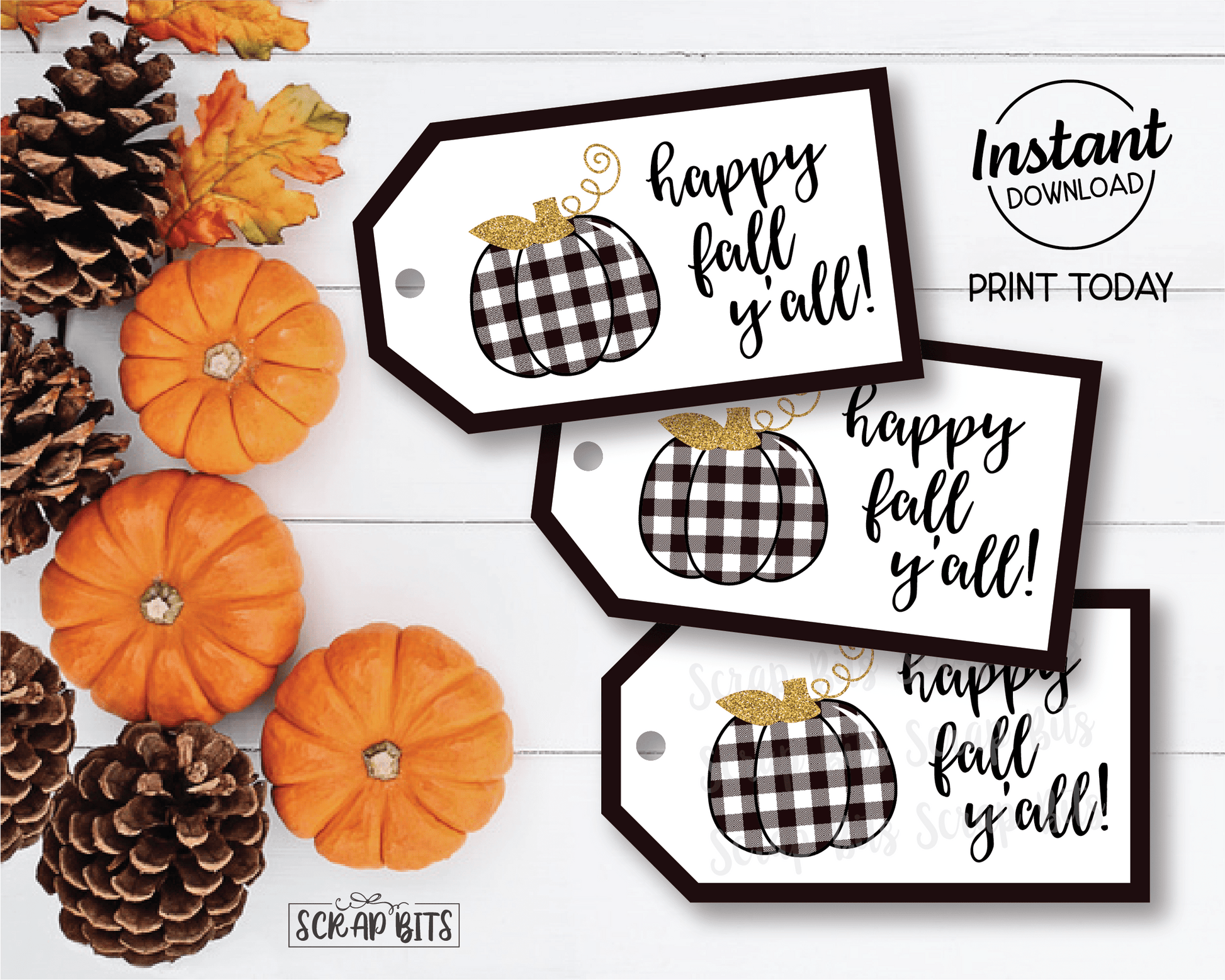 Happy Fall Y'all Buffalo Plaid Pumpkin Tags, Printable Fall Tags, Instant Download - Scrap Bits