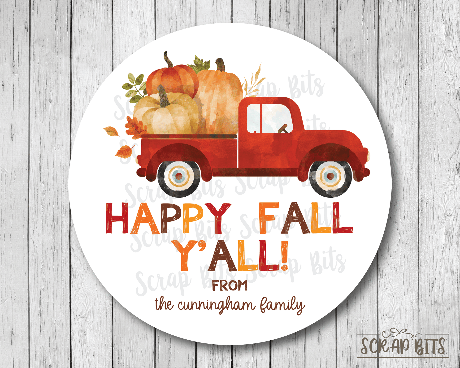 Happy Fall Y'All Red Pumpkin Truck Stickers or Tags - Scrap Bits