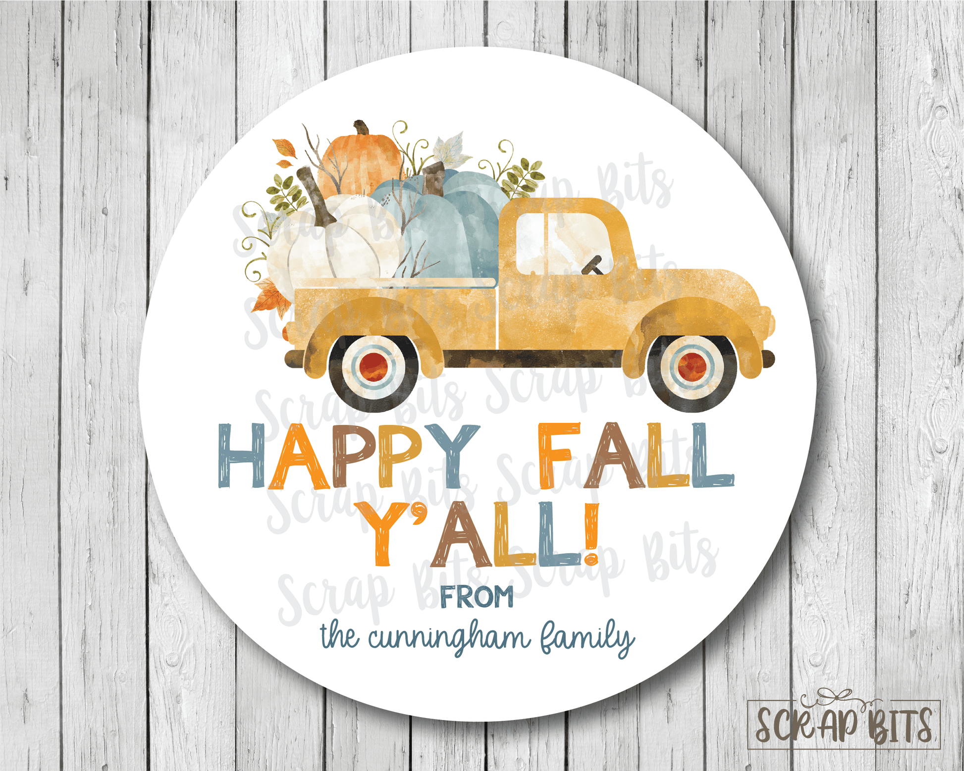 Happy Fall Y'All Yellow Pumpkin Truck Stickers or Tags - Scrap Bits