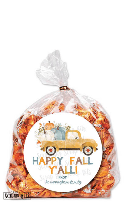 Happy Fall Y'All Yellow Pumpkin Truck Stickers or Tags - Scrap Bits