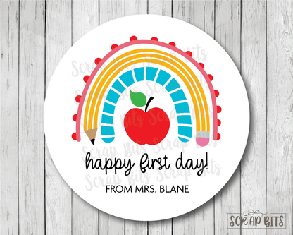 Happy First Day Stickers, Pencil Rainbow Back To School Stickers or Tags - Scrap Bits