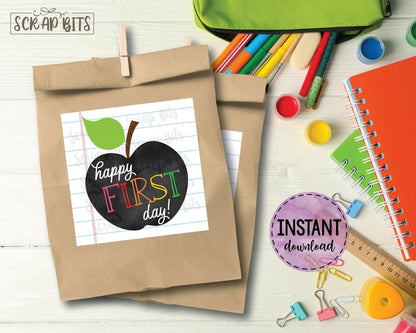 Happy First Day Tags, Black Apple Printable Back to School Tags, Instant Download - Scrap Bits