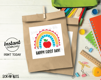 Happy First Day Tags, Rainbow Printable Back to School Tags, Instant Download - Scrap Bits