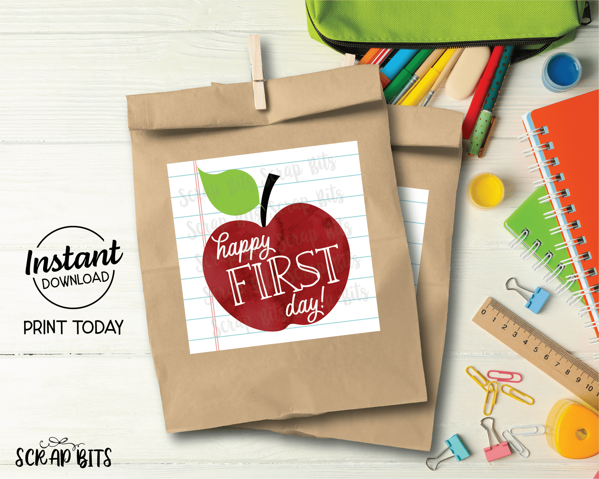 Happy First Day Tags, Red Apple Printable Back to School Tags, Instant Download - Scrap Bits