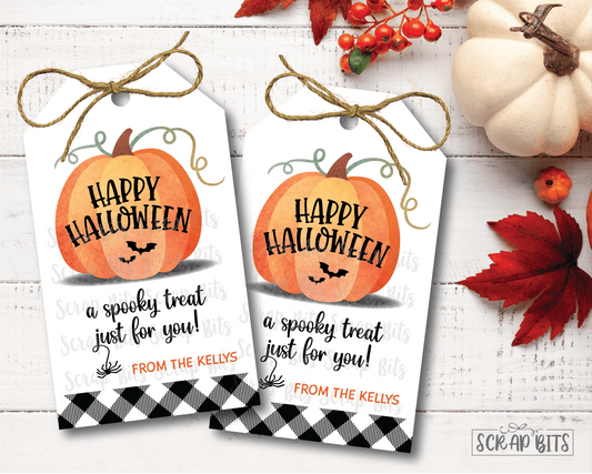 Happy Halloween, A Spooky Treat For You, Watercolor Pumpkin Buffalo Plaid . Halloween Treat Bag Tags - Scrap Bits