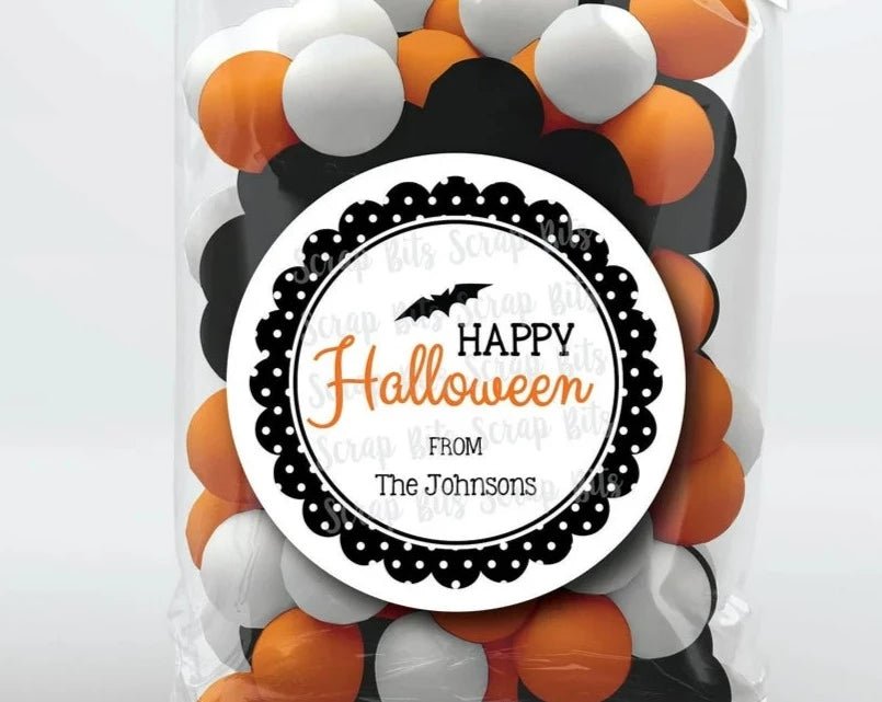 Happy Halloween, Polka Dots Scallop Frame . Halloween Stickers or Tags - Scrap Bits