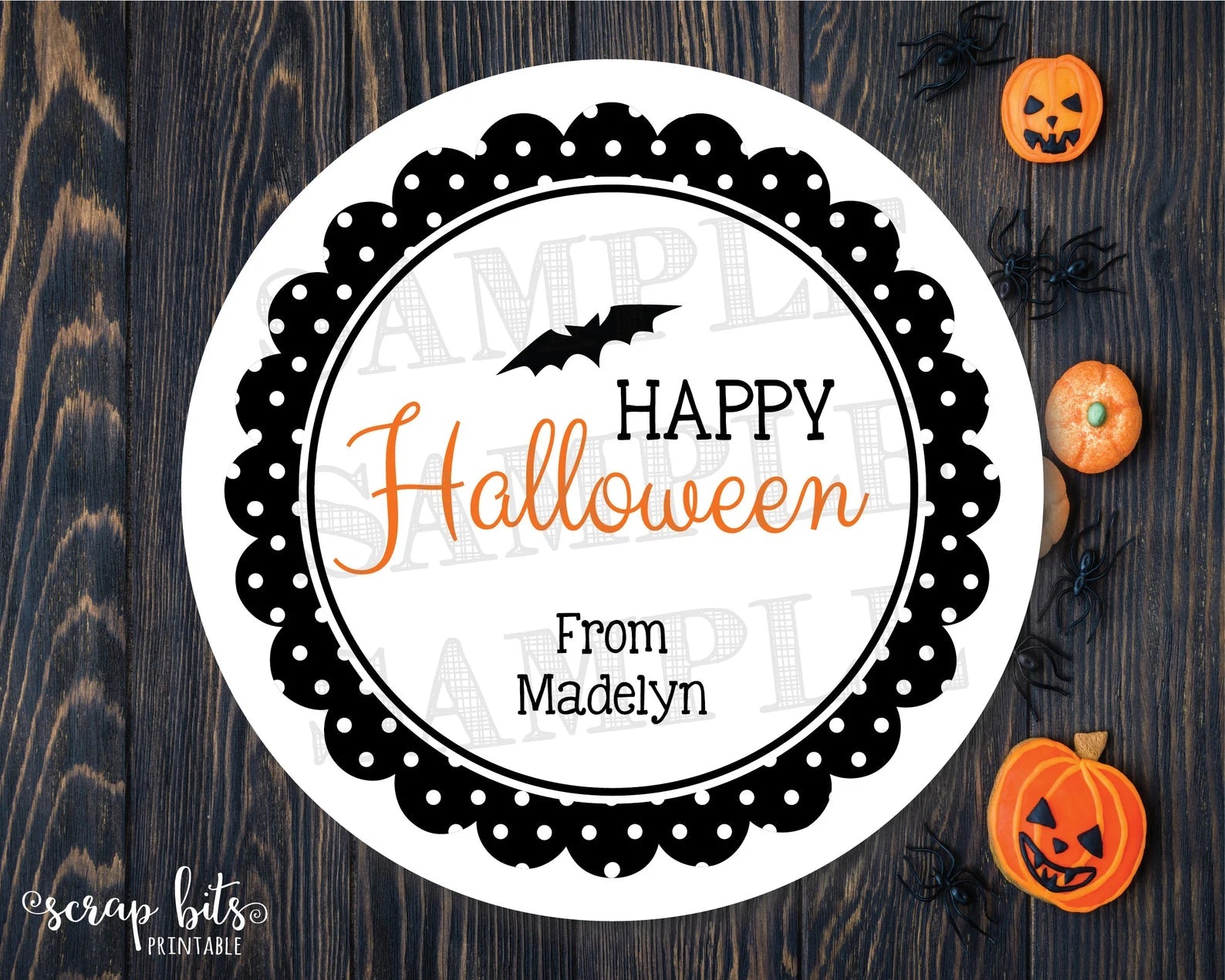 Happy Halloween, Polka Dots Scallop Frame . Halloween Stickers or Tags - Scrap Bits