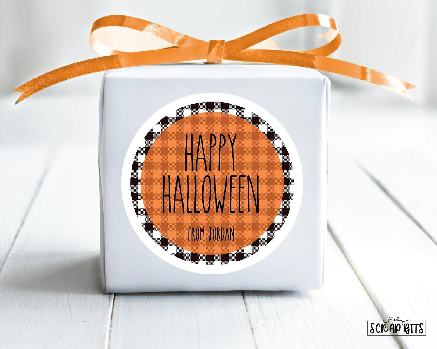 Happy Halloween Simple Text Buffalo Plaid Stickers or Tags - Scrap Bits