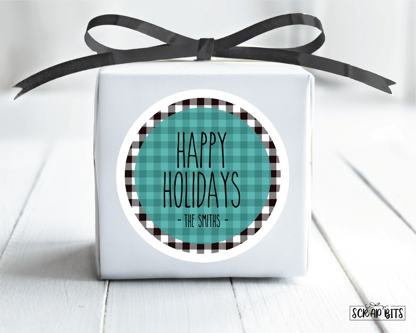 Happy Holidays Stickers, Simple Lettering on Buffalo Plaid Stickers or Tags . Christmas Gift Labels - Scrap Bits