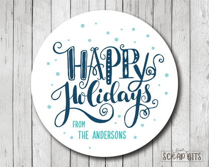 Happy Holidays Stickers, Swirly Lettering Stickers or Tags . Christmas Gift Labels - Scrap Bits