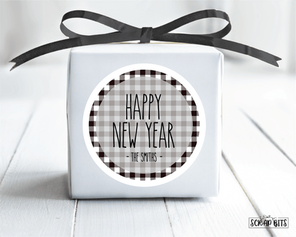 Happy New Year Stickers or Tags, Simple Lettering on Buffalo Plaid - Scrap Bits