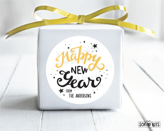 Happy New Year Stickers or Tags, Swirly Lettering - Scrap Bits
