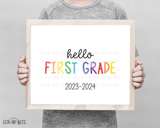 Hello First Grade Sign, Thin Watercolor Rainbow . Printable Back to School Sign . 5 Digital Print Sizes - Scrap Bits