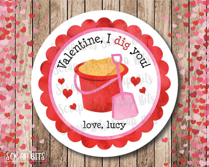 I Dig You Valentine, Bucket . Valentine's Day Stickers or Tags - Scrap Bits