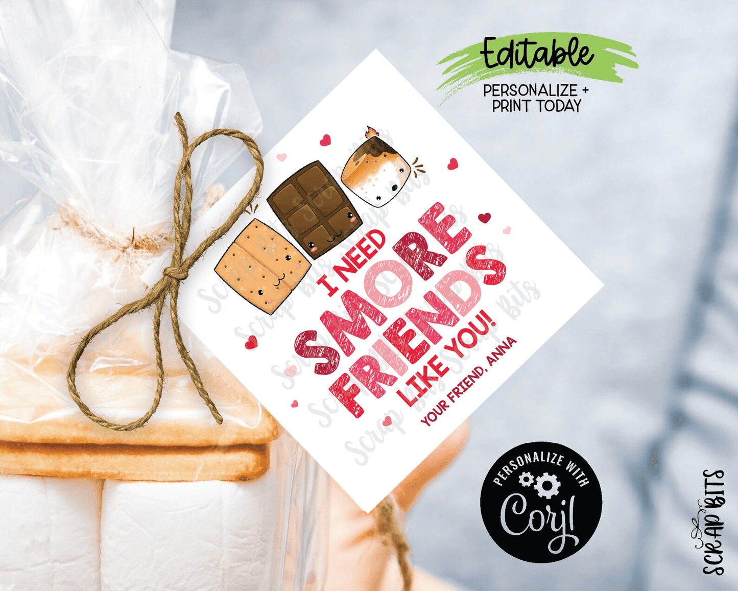 I Need S'more Friends Like You, Printable Valentine Tags, Instant Download Editable Template - Scrap Bits