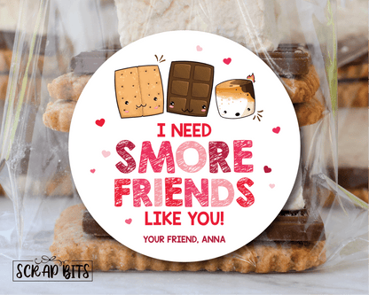 I Need Smore Friends Like You . S'more Valentines . Valentine's Day Stickers or Tags - Scrap Bits
