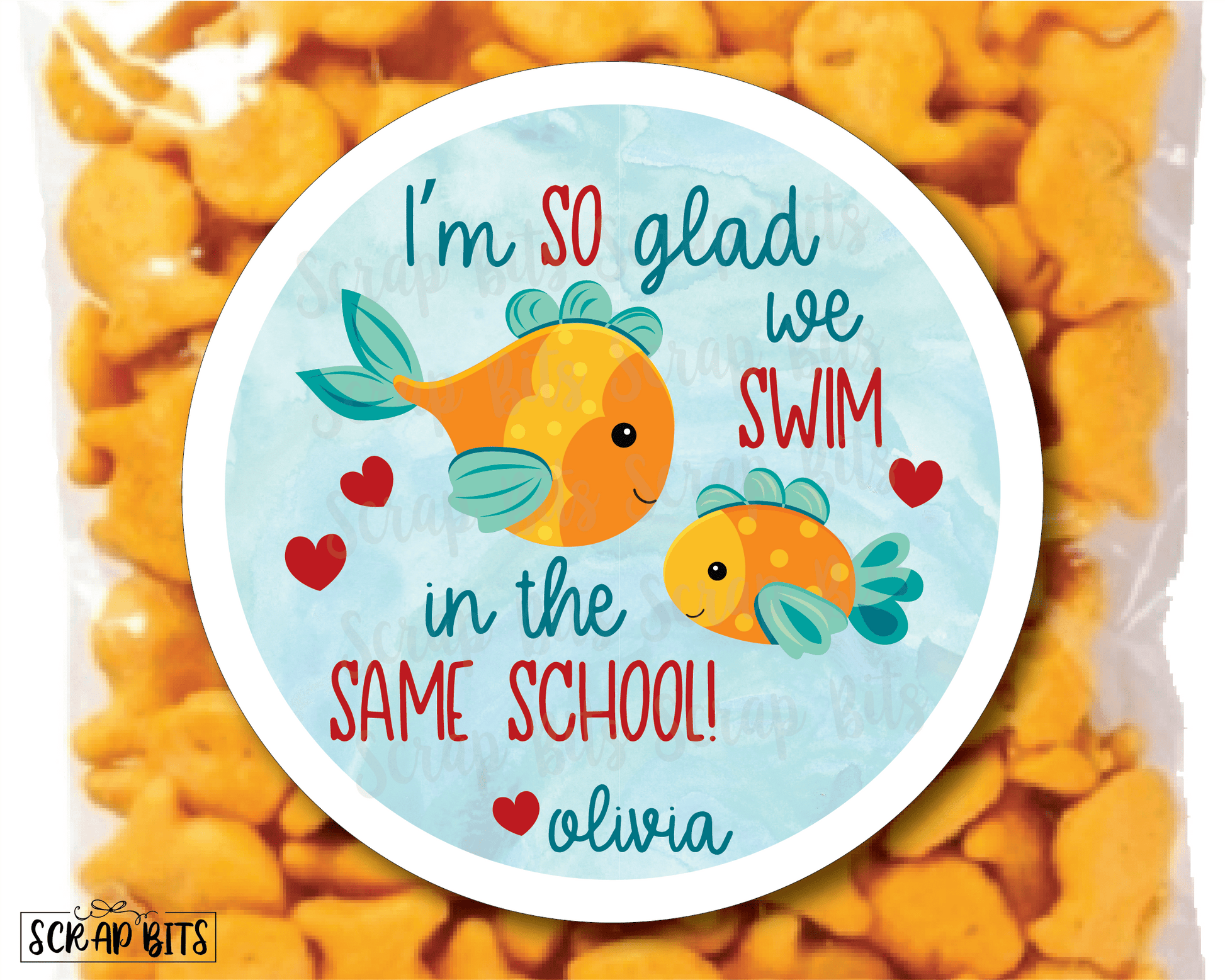I'm So Glad We Swim In The Same School . Goldfish Valentines . Valentine's Day Stickers or Tags - Scrap Bits