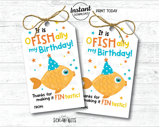 It's O Fish Ally My Birthday, Goldfish Birthday Tags . Printable Birthday Favor Tags, Instant Download - Scrap Bits